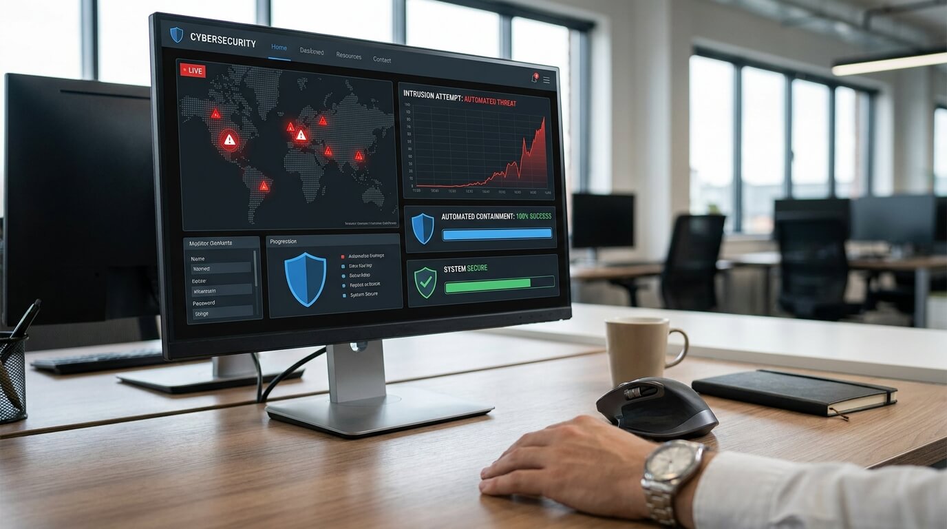Esperto di sicurezza informatica che analizza grafici sui monitor per prevenire attacchi informatici con Intelligenza Artificiale.