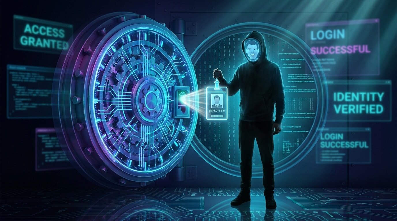 Hacker incappucciato che utilizza un badge digitale per aprire un caveau, a rappresentazione del furto di credenziali aziendali.