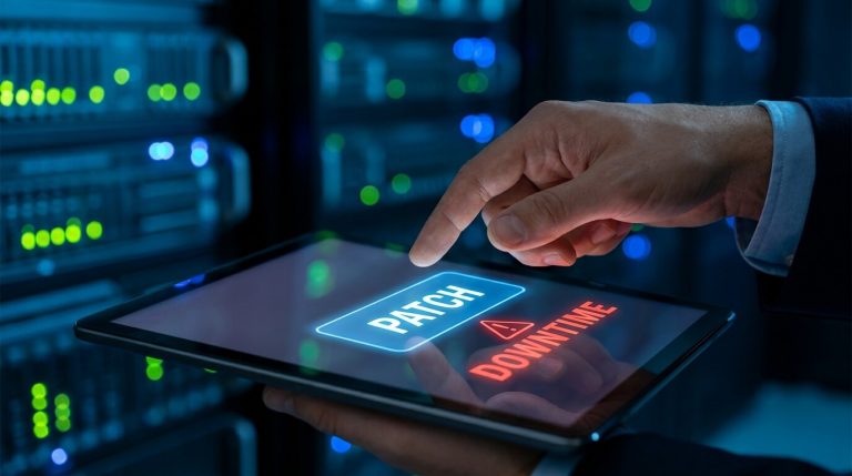 IT manager al lavoro in sala server per la gestione vulnerabilità e il patching dei sistemi aziendali.